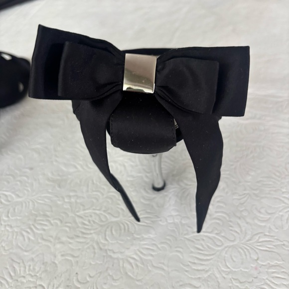 Fioni Elegant Black Satin Heels with Bow Accent/Silver Heels, Size 9 - Picture 8 of 14